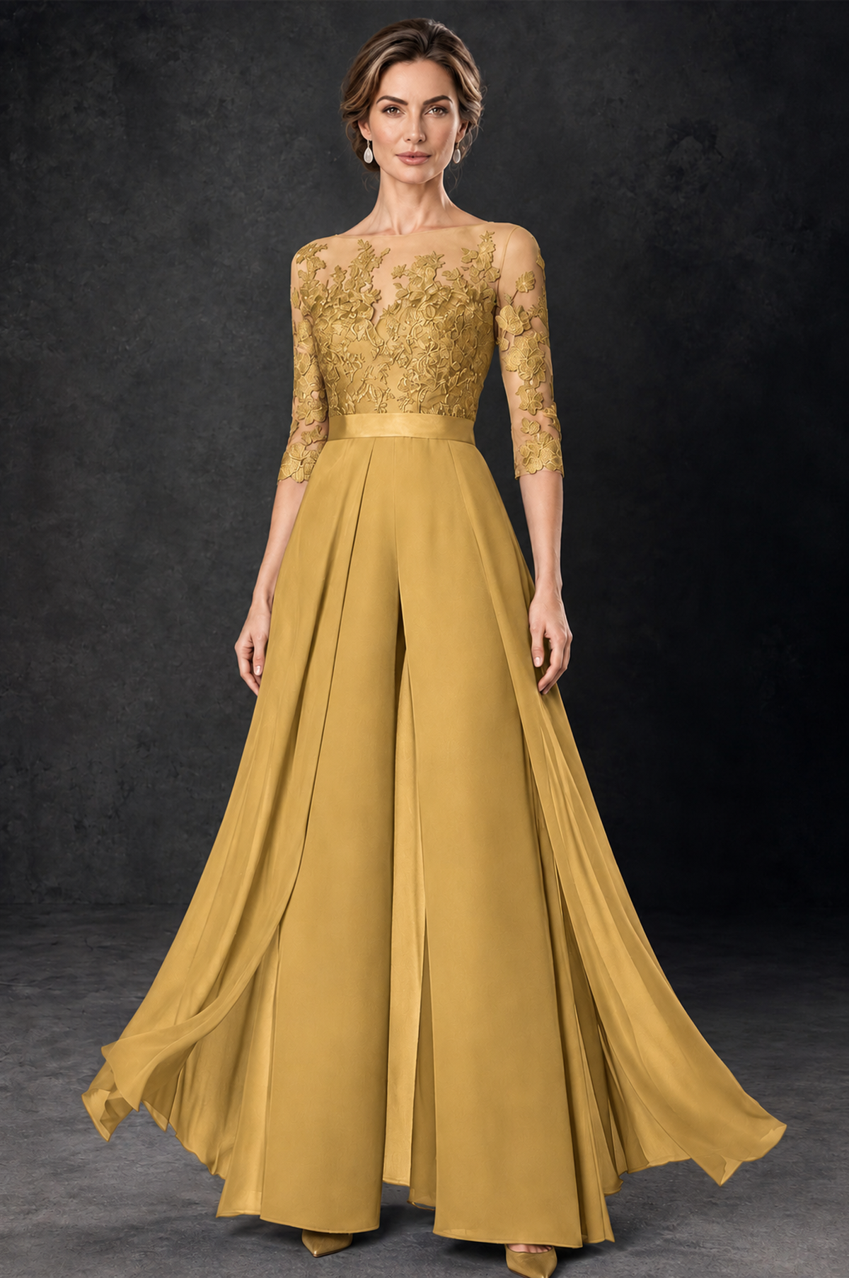 BOLODOO Gold Lace Wide-Leg Jumpsuit with Three-Quarter Sleeves - Gold - Gold_2