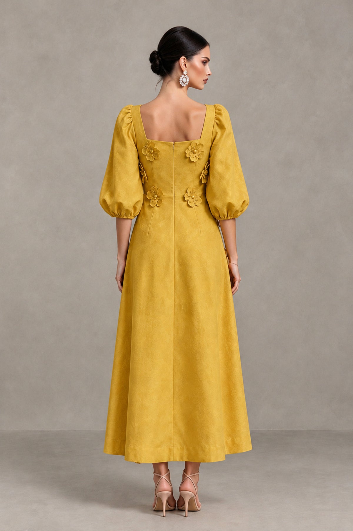 BOLODOO Gold 3D Floral Puff Sleeve Midi Cocktail Dress - Gold - Gold_2