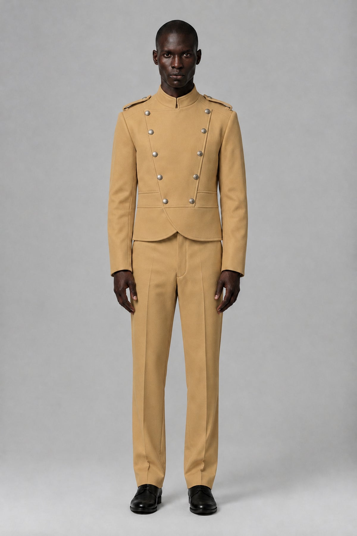 Bolodoo Men's Gold Military-Inspired Two-Piece Suit with Stand Collar - Gold - Gold_2
