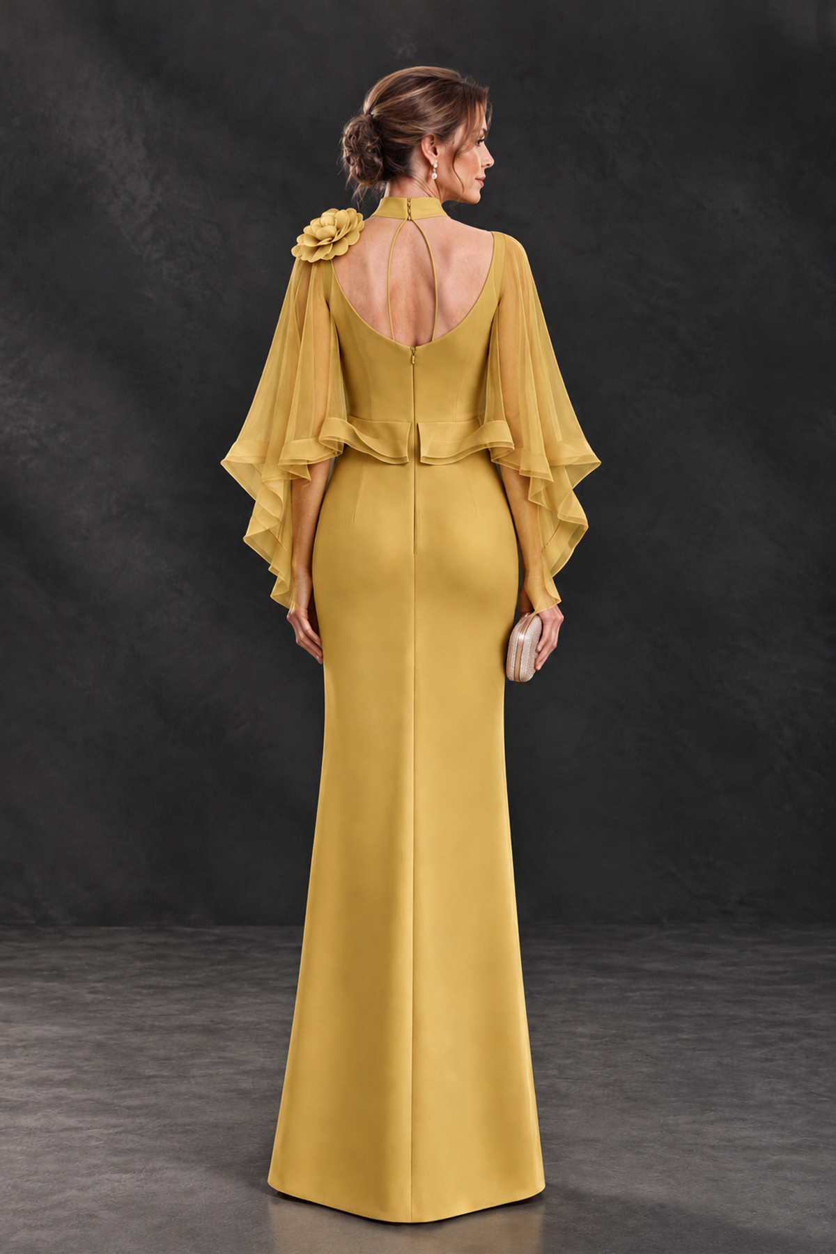BOLODOO Gold Floral Cape Sleeve Mother of the Bride Dress - Gold - Gold_2