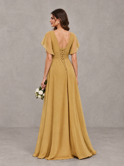 BOLODOO Gold Flutter Sleeve V-Neck Bridesmaid Dress with Ruffle Slit - Gold - Gold_2