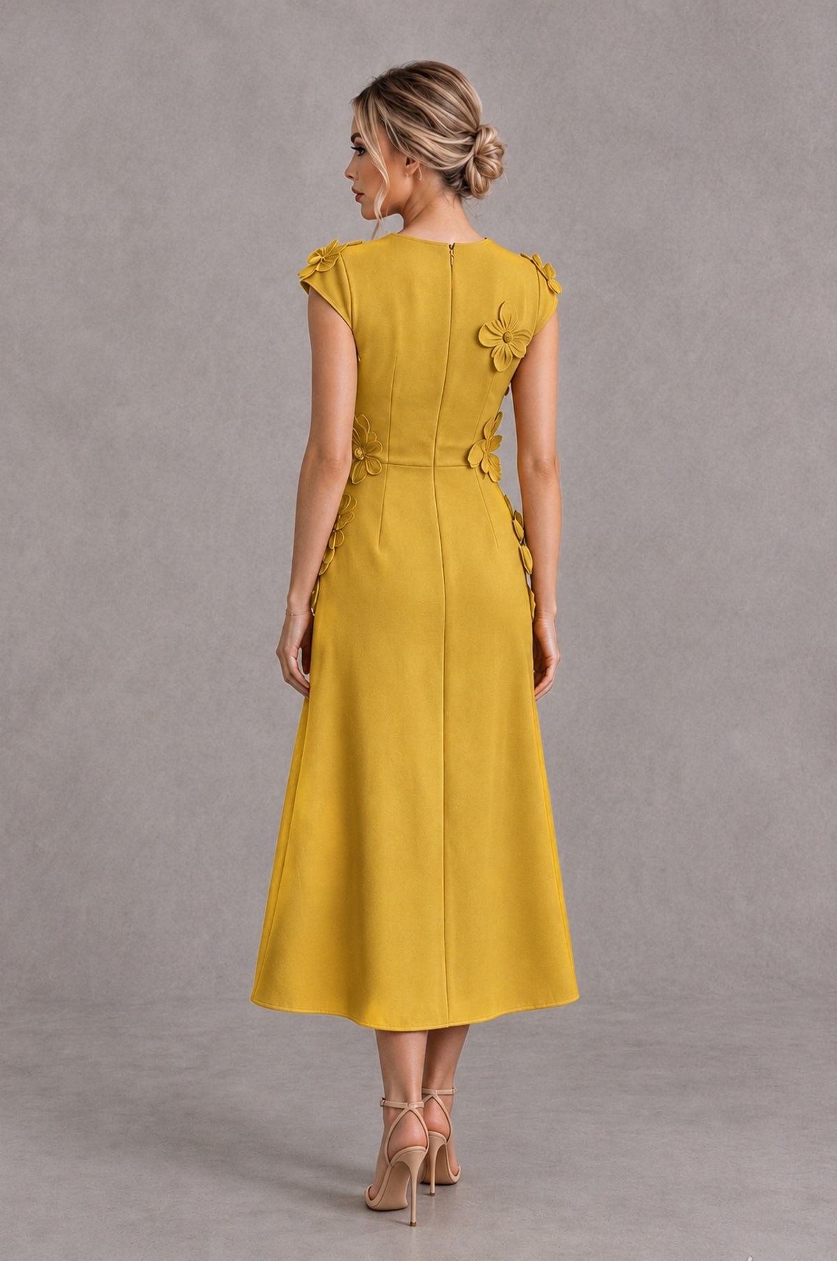 BOLODOO Gold 3D Floral Cap Sleeve Midi Cocktail Dress - Gold - Gold_2