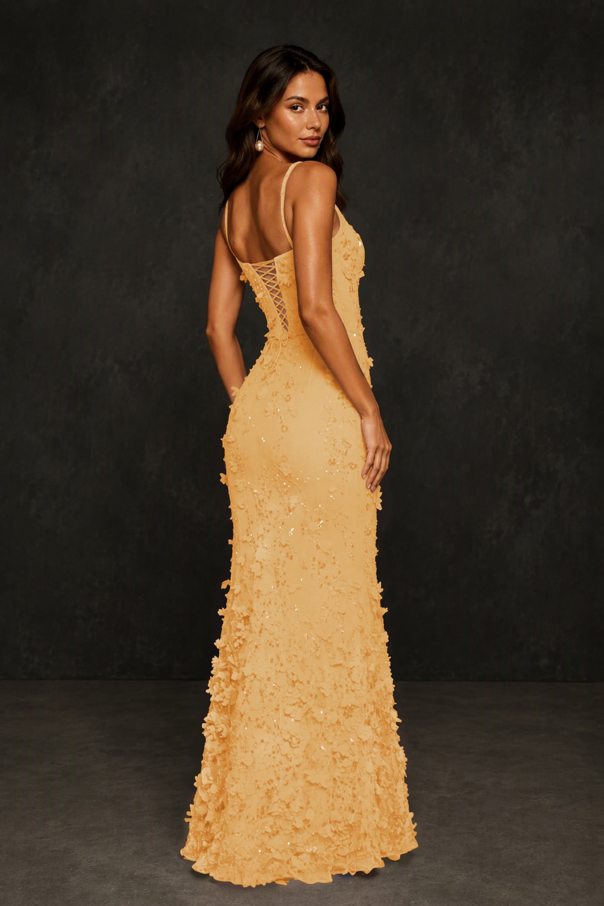 BOLODOO Gold Sequin 3D Floral Mermaid Maxi Gown – Lace-Up Back Formal Dress - Gold