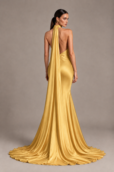 BOLODOO Gold One-Shoulder Satin Mermaid Evening Dress with Scarf - Gold - Gold_2