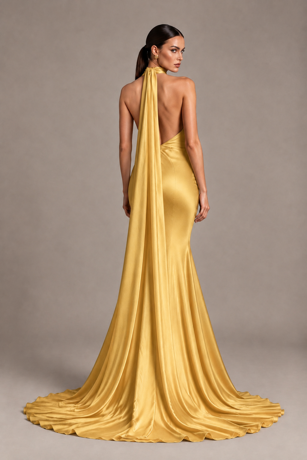 BOLODOO Gold One-Shoulder Satin Mermaid Evening Dress with Scarf - Gold - Gold_2