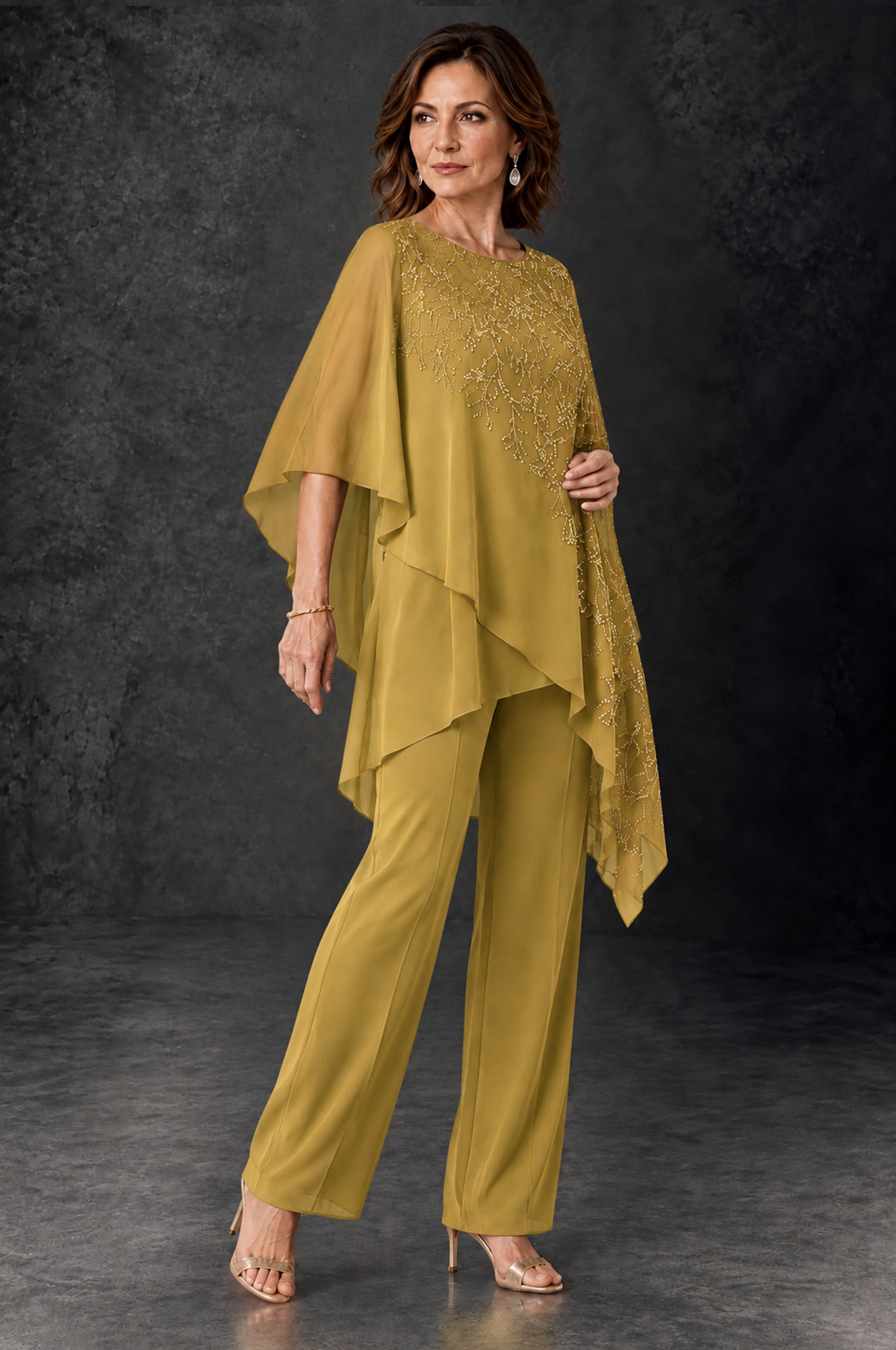 BOLODOO Gold Embellished Cape Pant Suit for Mother of the Bride - Gold - Gold_2