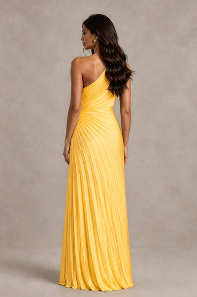 BOLODOO Gold One Shoulder Pleated Evening Dress with Ruched Waist and High Slit - Gold - Gold_2