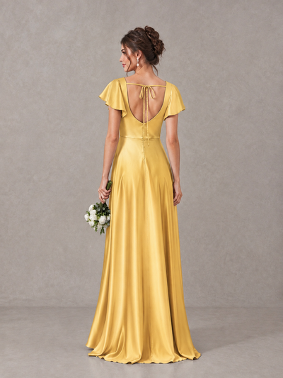 BOLODOO Gold Satin Square Neck Flutter Sleeve A-Line Bridesmaid Dress with Slit - Gold - Gold_2