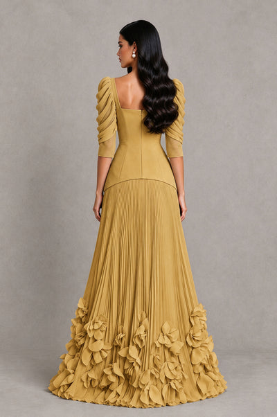 BOLODOO Gold Square Neck Pleated Floral Applique Evening Dress - Gold - Gold_2