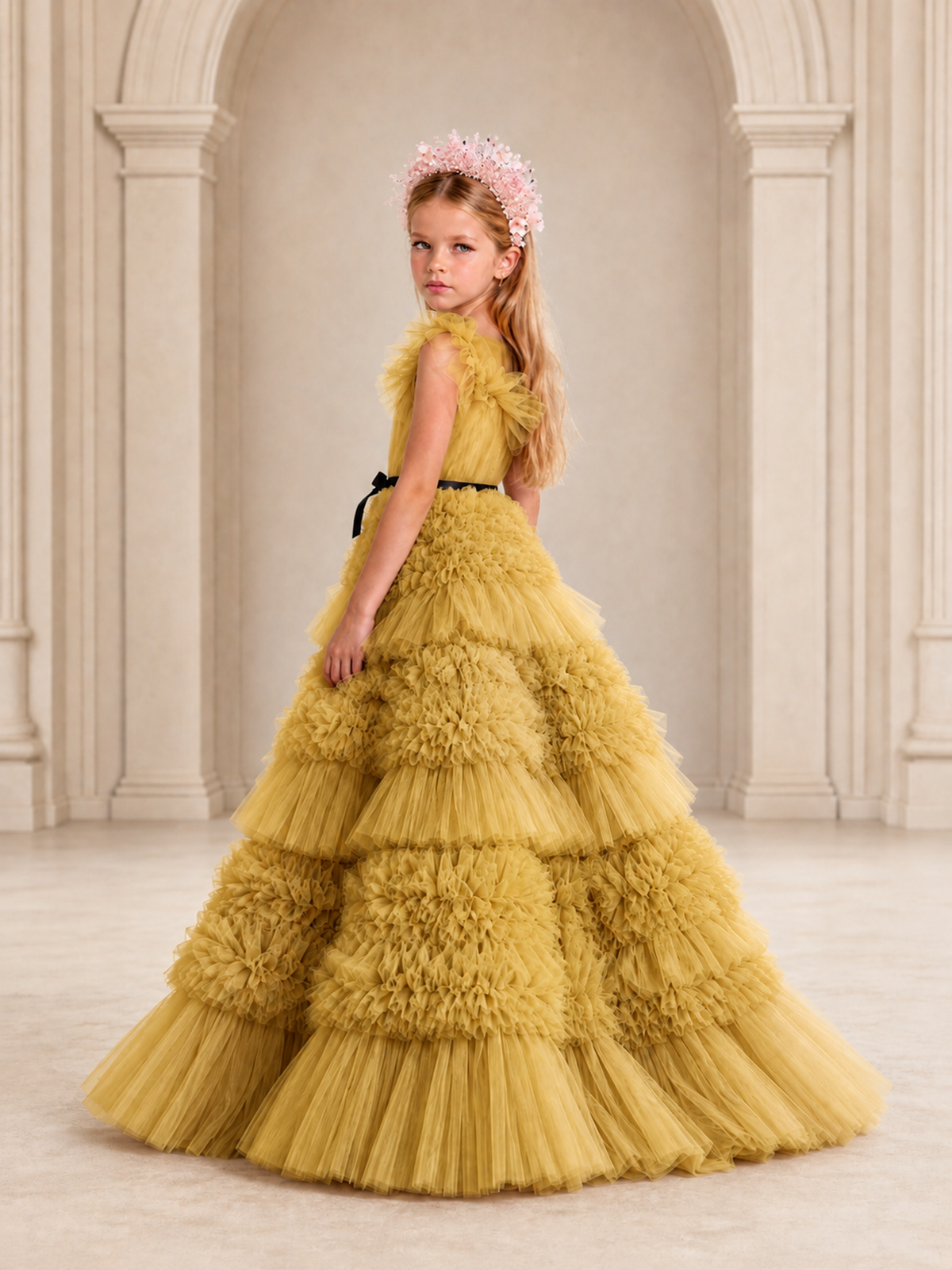 BOLODOO Gold Tiered Tulle Flower Girl Dress with Floral Appliques - Gold - Gold_2