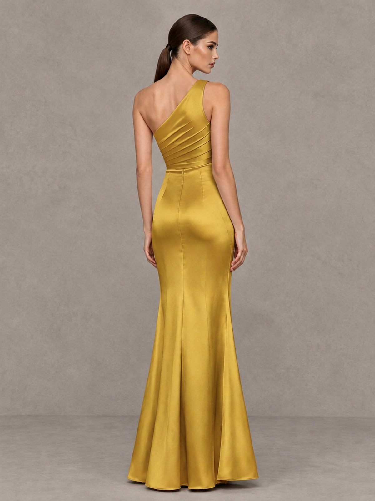 BOLODOO Gold One-Shoulder Ruched Satin-Look Evening Gown with High Slit - Gold - Gold_2