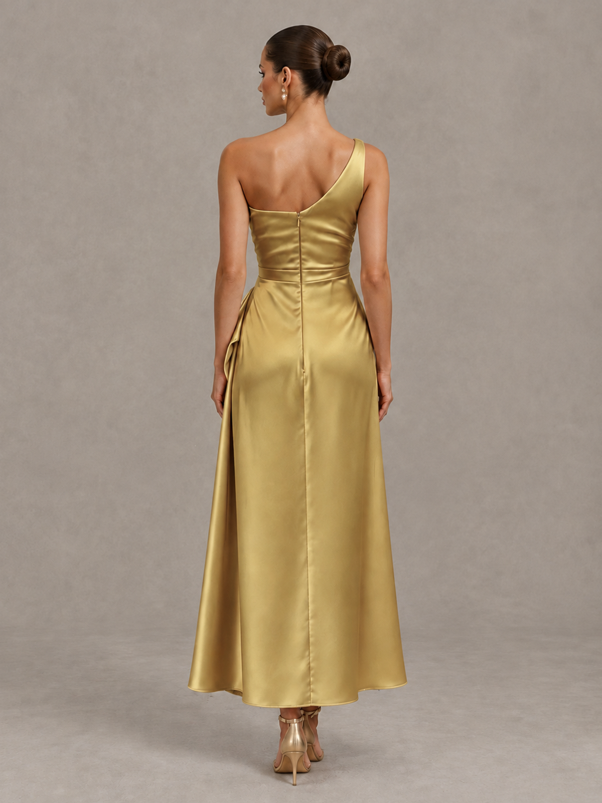 BOLODOO Gold One Shoulder Satin Cocktail Dress with Draped A-Line Skirt - Gold - Gold_2
