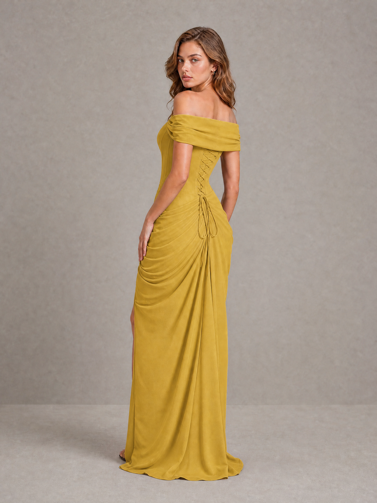 BOLODOO Gold Off-Shoulder Ruched Corset Wedding Guest Dress with Slit - Gold - Gold_2