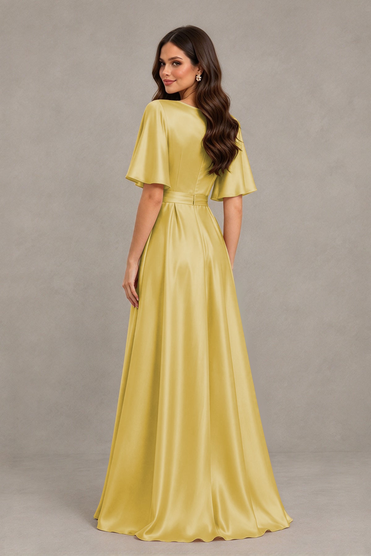 BOLODOO Gold Satin V-Neck Flutter Sleeve Bridesmaid Dress with Slit - Gold - Gold(2)