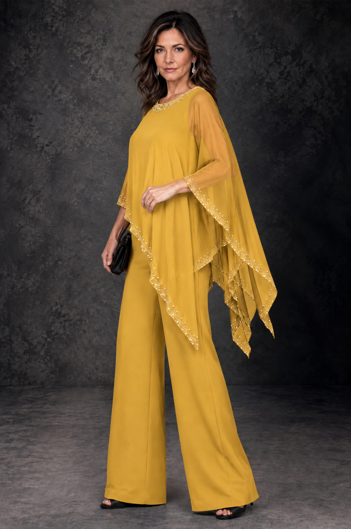 BOLODOO Gold Embellished Cape Mother of the Bride Pantsuit - Gold - Gold_2
