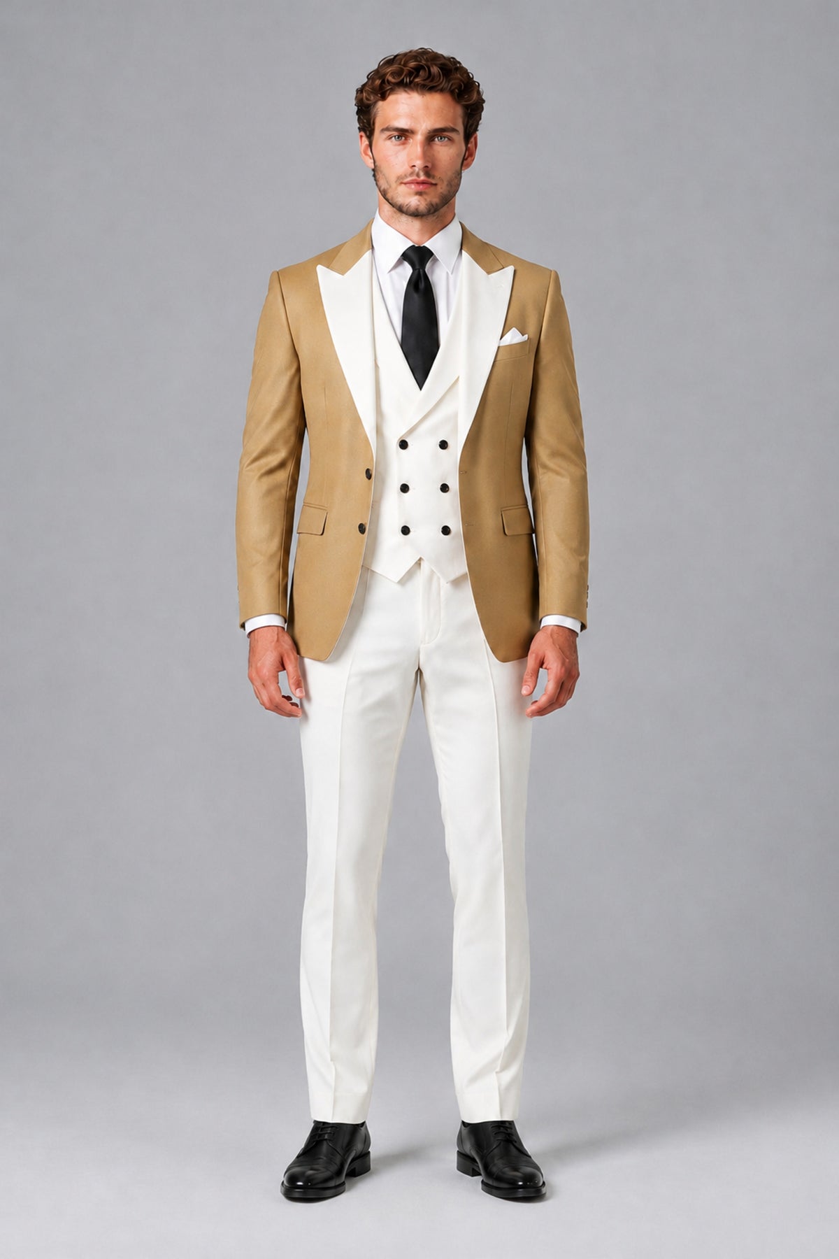 BOLODOO Men's Gold Satin 3-Piece Suit | Blazer, Vest & Trousers Set - Gold - Gold_2