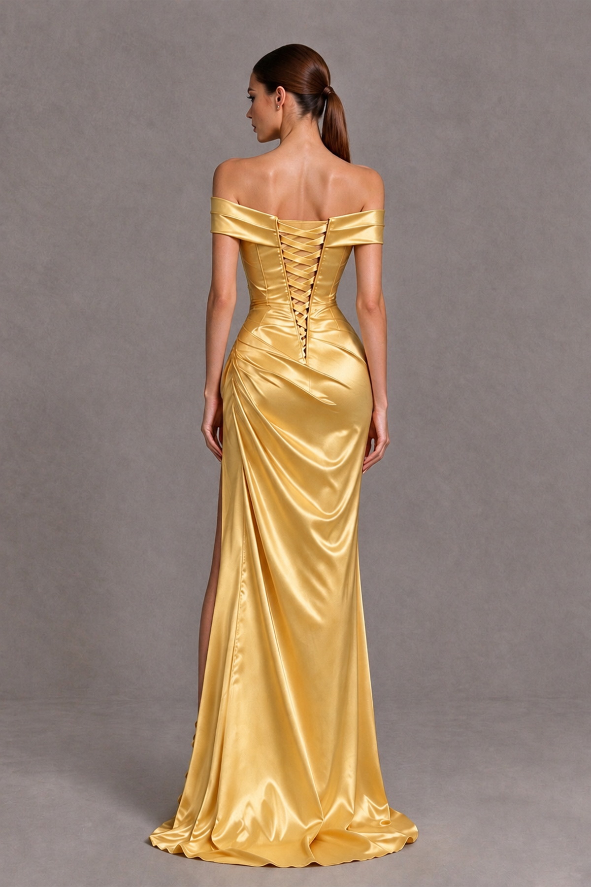 BOLODOO Gold Off-the-Shoulder Ruched Satin Prom & Evening Dress with High Slit - Gold - Gold_2