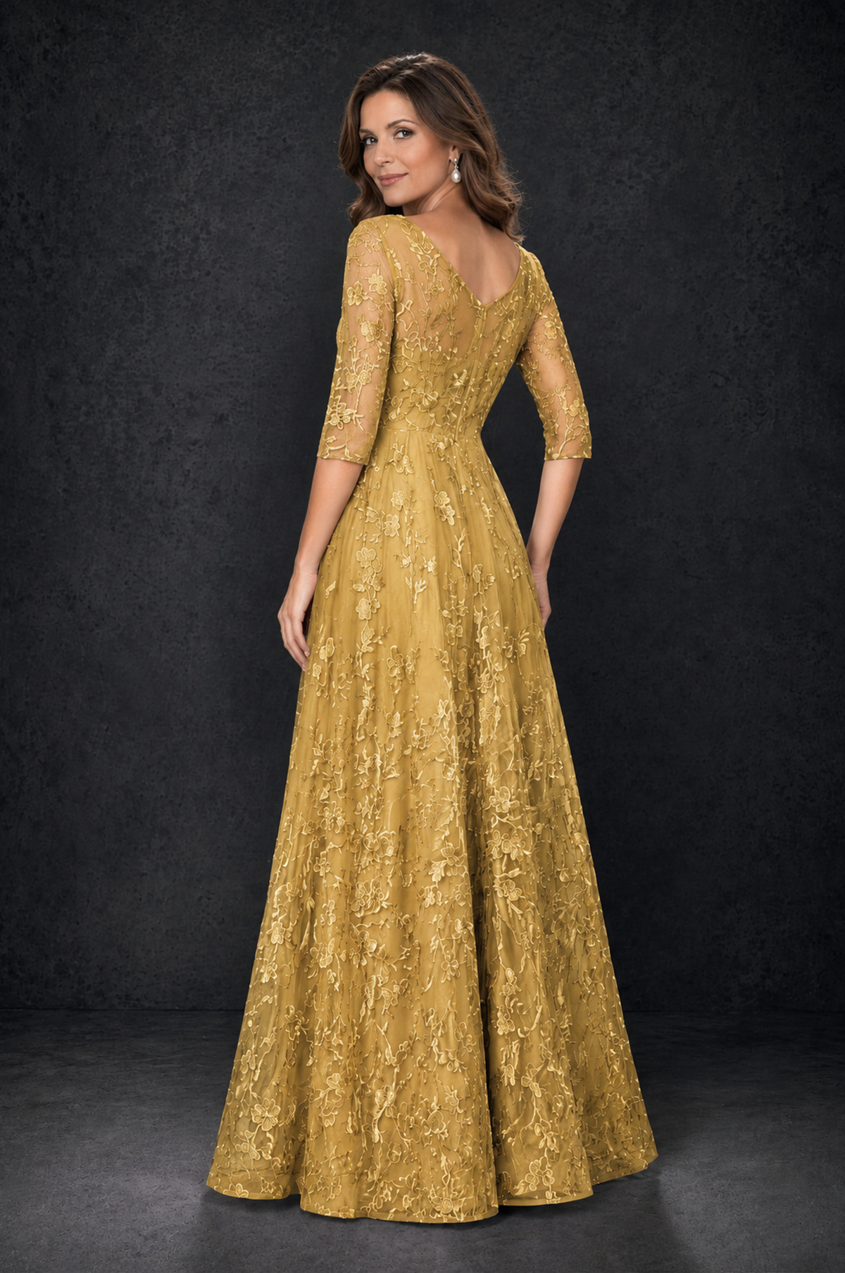 BOLODOO Gold Illusion Bateau Neck 3/4 Sleeve Floral Lace A-Line Mother of the Bride Dress MX007 - Gold - Gold_2
