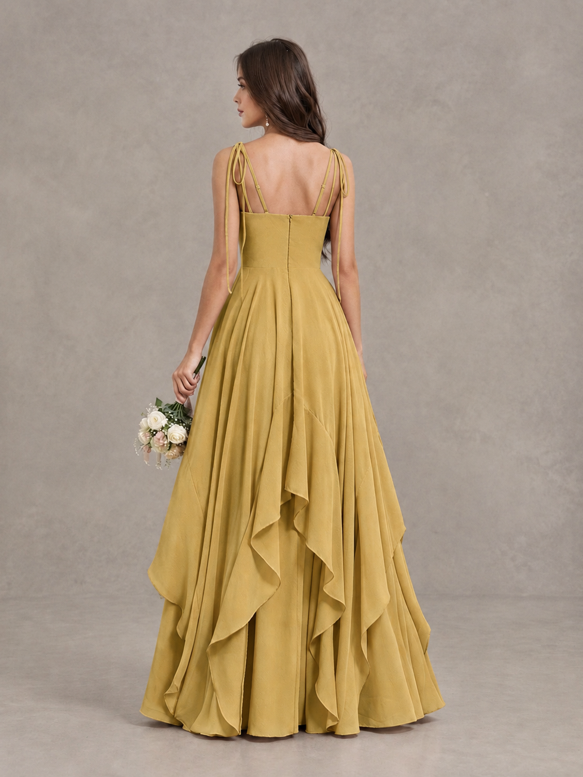 BOLODOO Gold Tie-Strap Ruffle A-Line Bridesmaid Dress - Gold - Gold_2