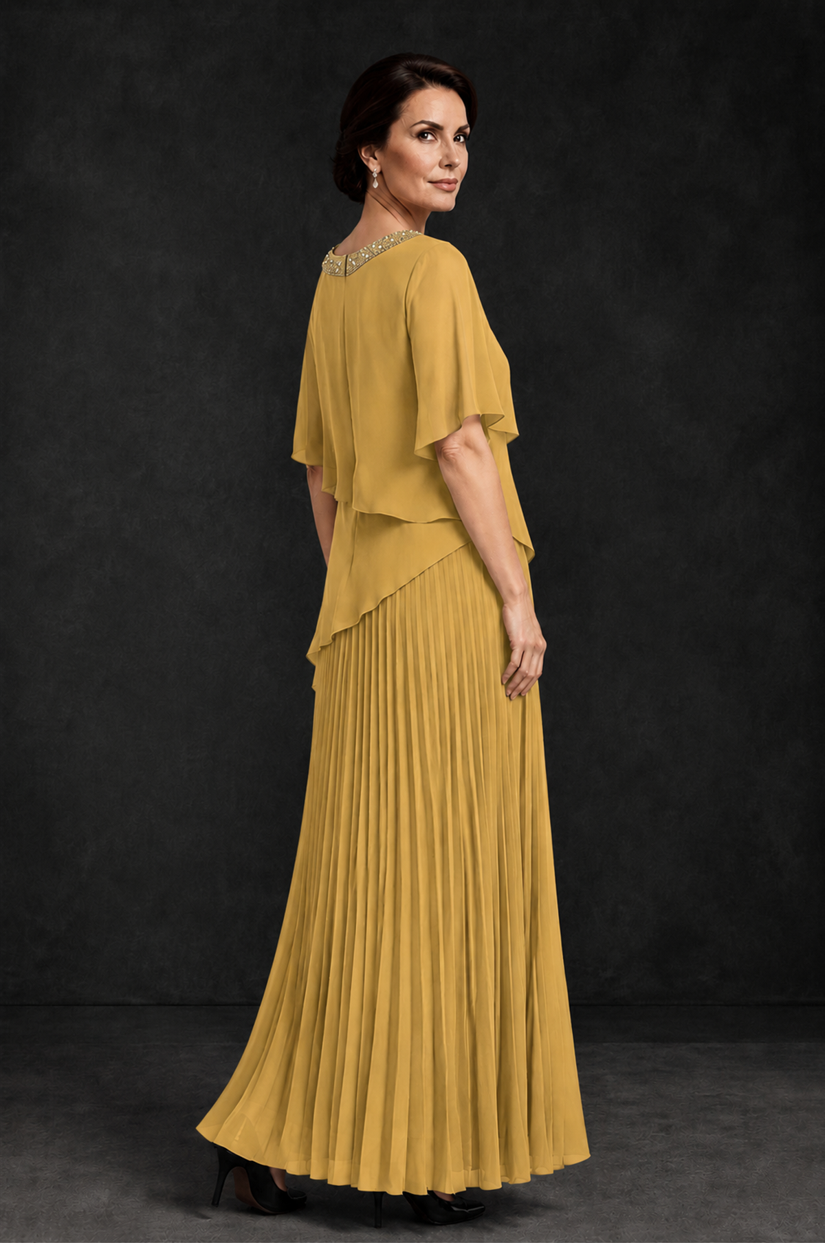 BOLODOO Gold Pearl Beaded Neck Asymmetric Tiered Flutter Sleeve Pleated Chiffon Maxi Dress - Gold - Gold_2