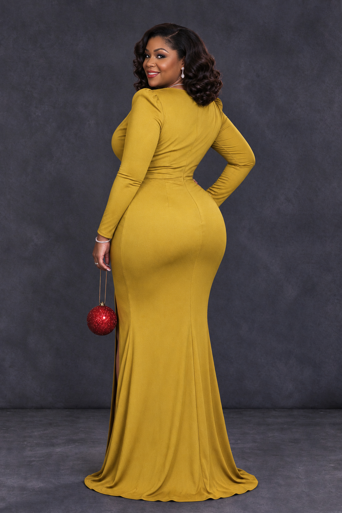 BOLODOO Gold Plus Size Long Sleeve V-Neck Mother of the Bride Dress with Slit - Gold - Gold_2