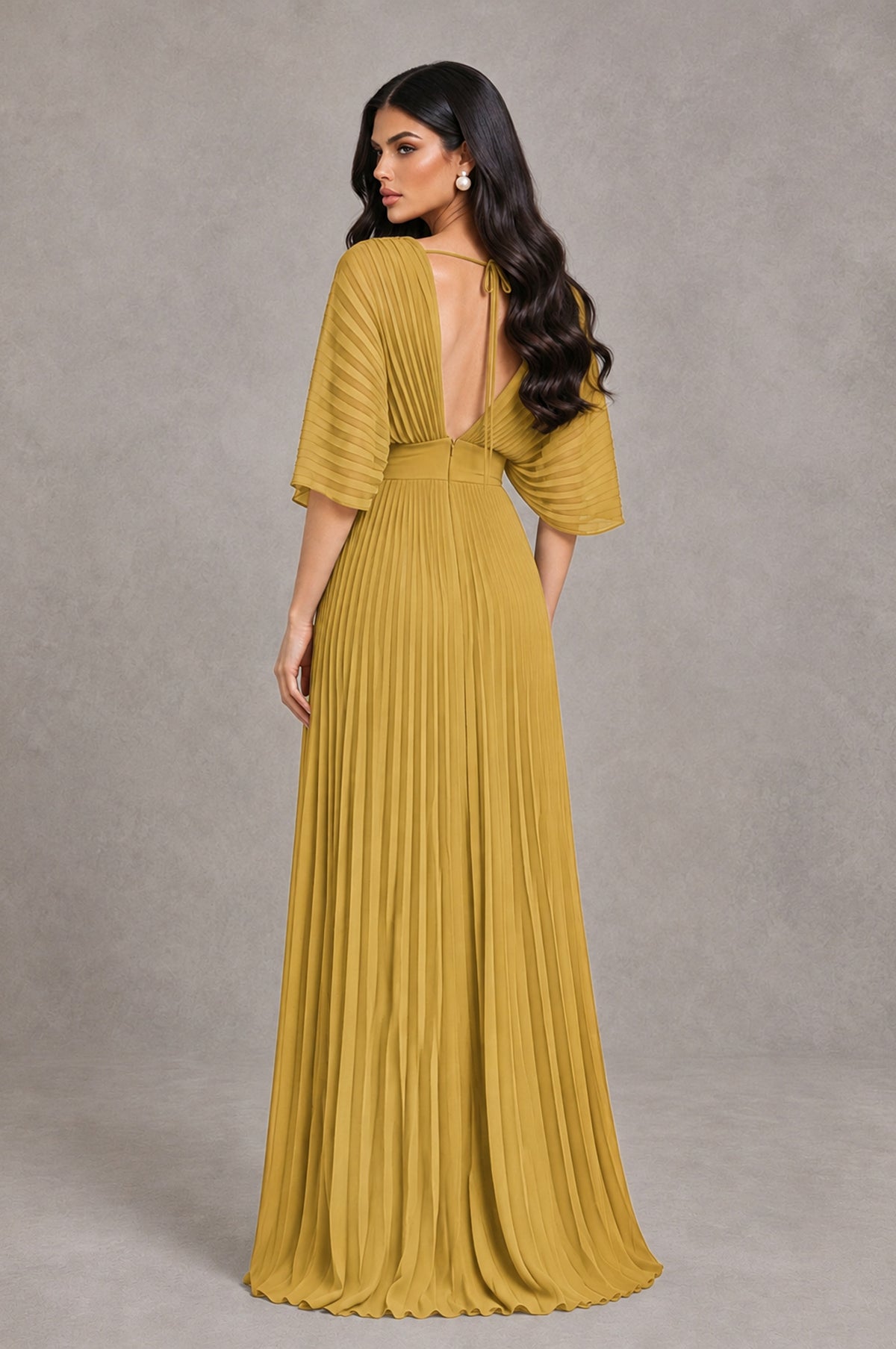 BOLODOO Gold V-Neck Pleated Flutter Sleeve Formal Dress - Gold - Gold_2