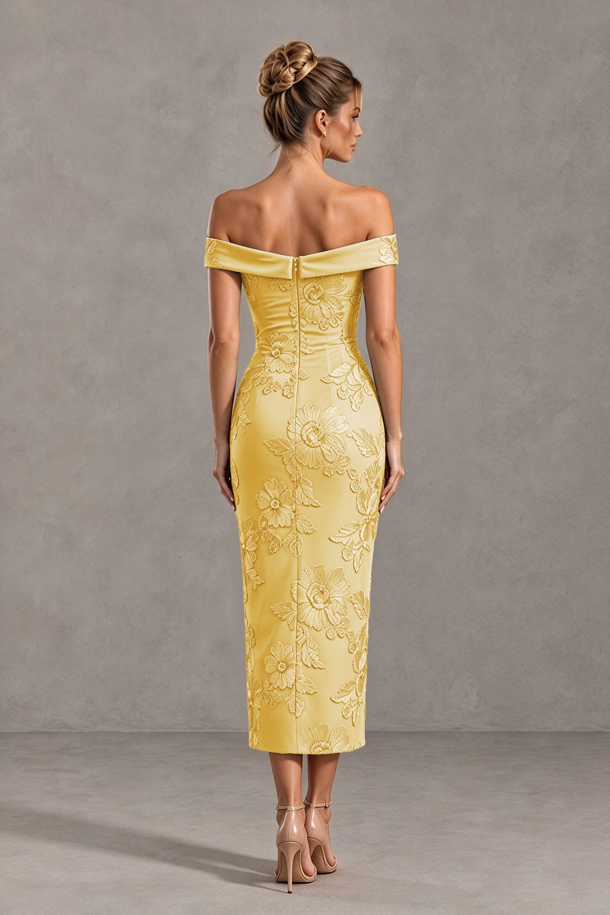 BOLODOO Gold Off Shoulder Floral Jacquard Midi Dress - Gold - Gold(2)
