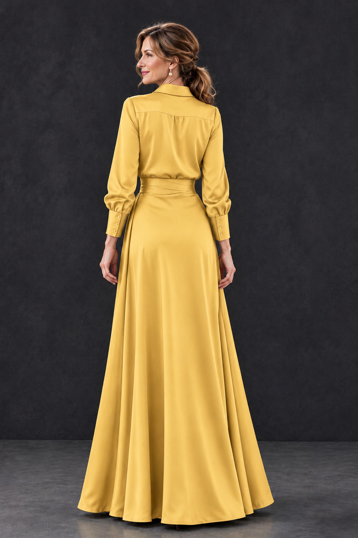 BOLODOO Gold Long Sleeve Satin-Look Lace Panel Gown - Gold - Gold_2