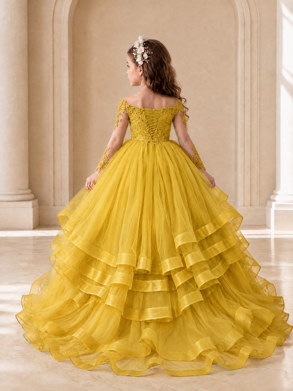 BOLODOO Gold Lace Long Sleeve Tiered Flower Girl Dress - Gold - Gold_2
