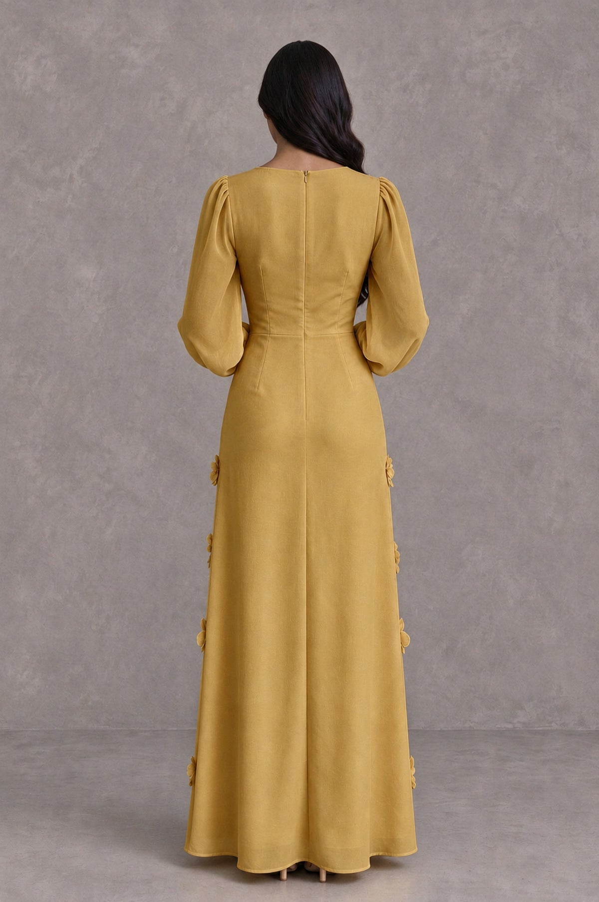 BOLODOO Gold Long Sleeve Floral Applique A-Line Evening Dress - Gold - Gold_2