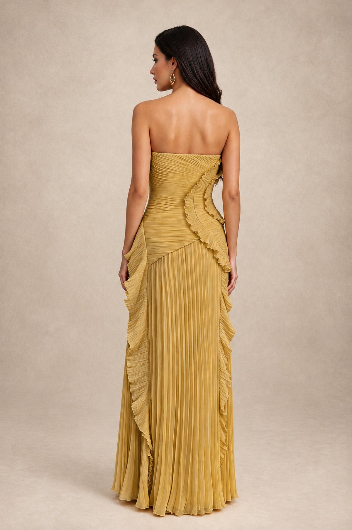 BOLODOO Gold Strapless Ruffle Pleated Slit Evening Gown - Gold - Gold_2