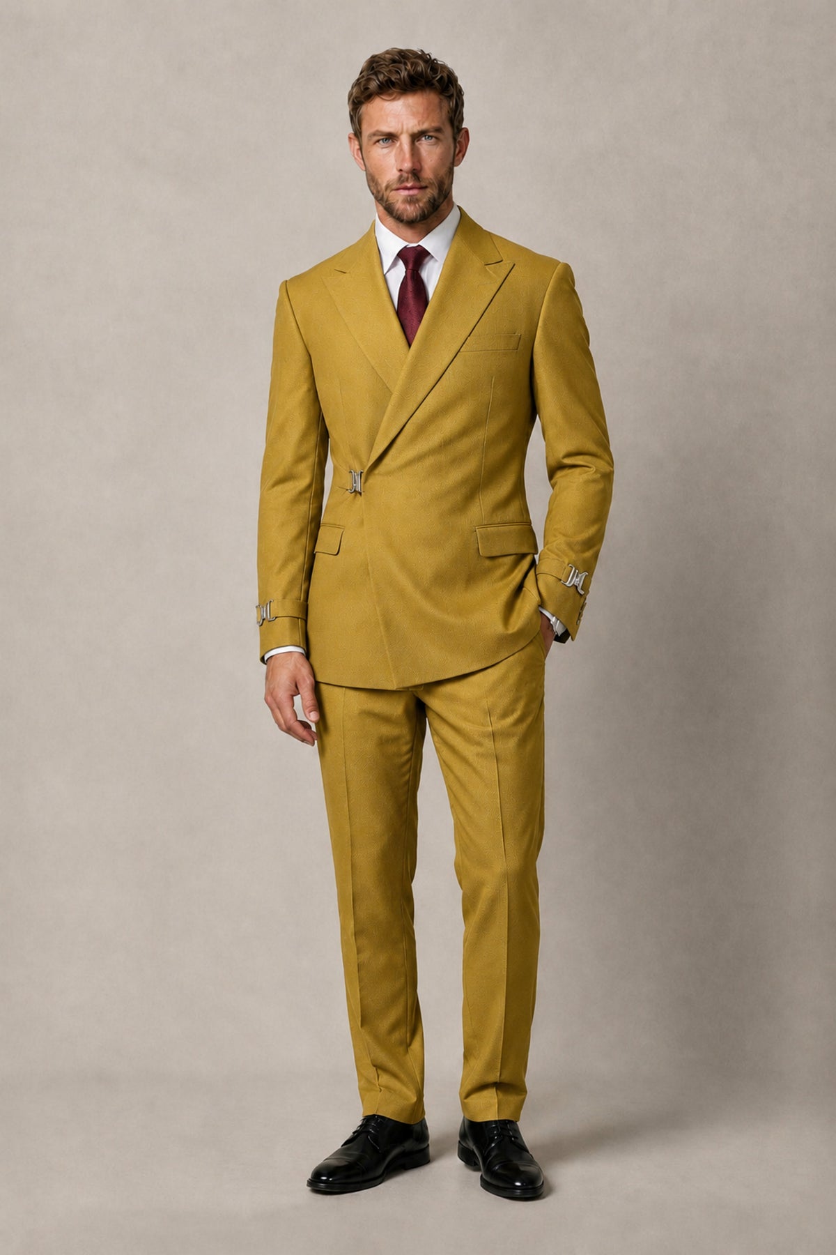 BOLODOO Men's Gold Double-Breasted 2-Piece Suit Set – Blazer & Tailored Trousers - Gold
