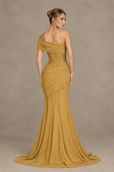 BOLODOO Gold One-Shoulder Sequin Embroidered Ruched Mermaid Gown with Train - Gold - Gold_2