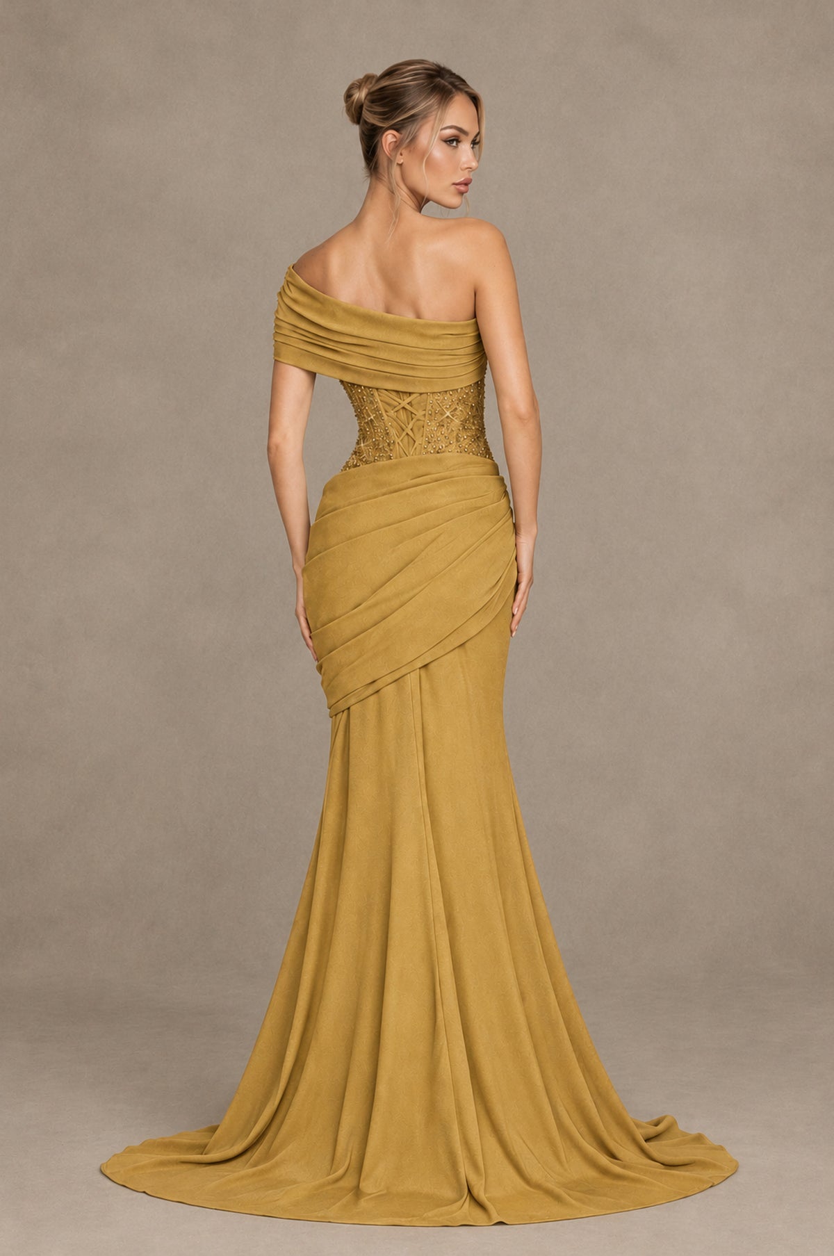 BOLODOO Gold One-Shoulder Sequin Embroidered Ruched Mermaid Gown with Train - Gold - Gold_2