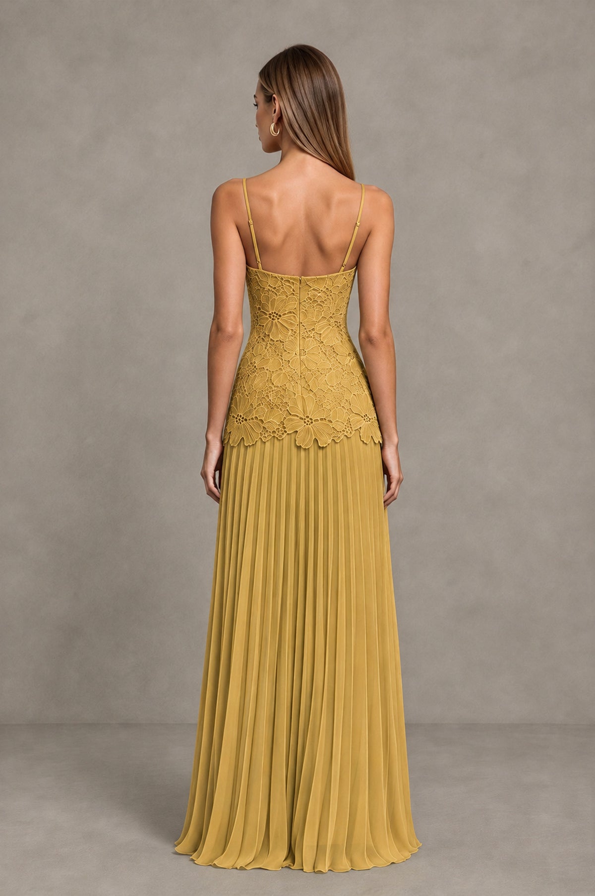 BOLODOO Gold Lace Bodice Pleated Wedding Guest Dress - Gold - Gold_2
