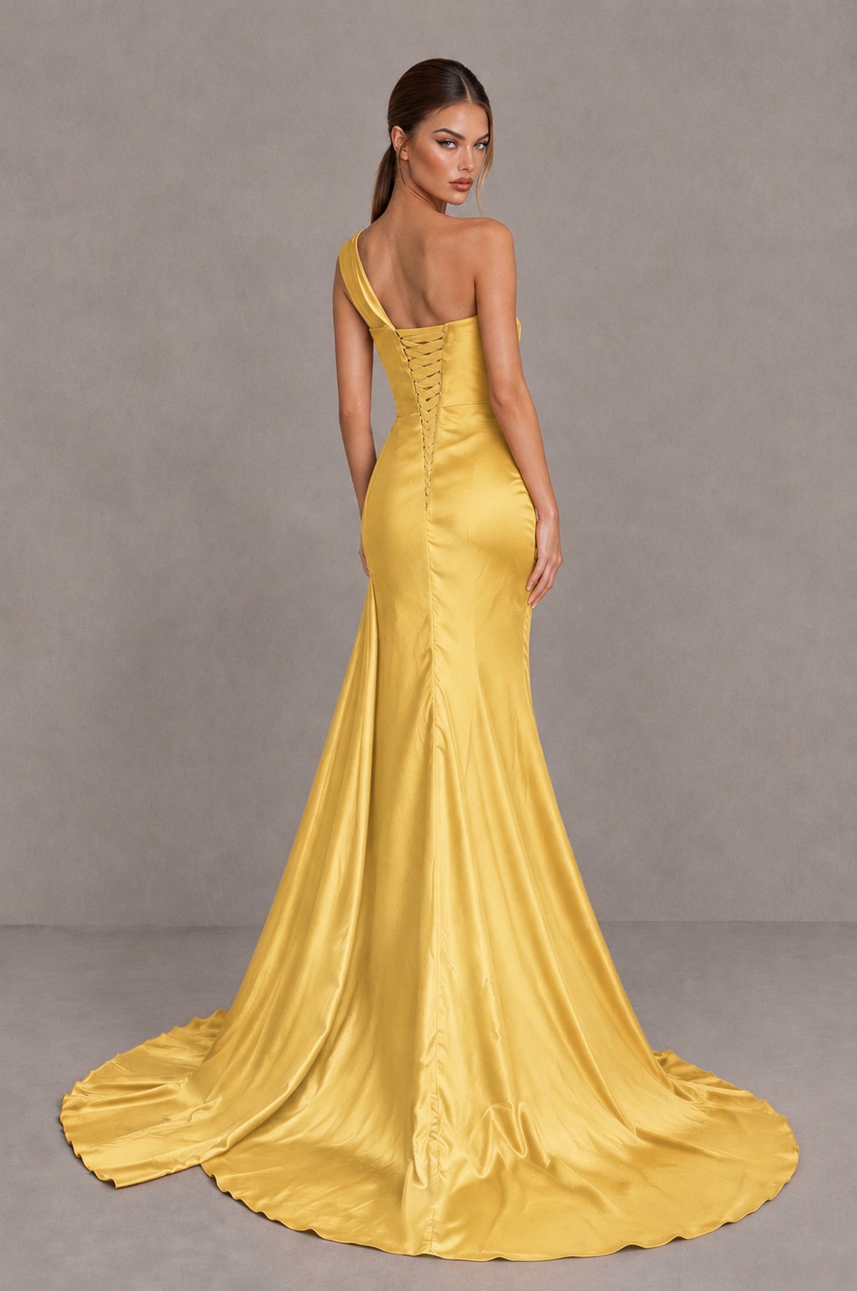 BOLODOO Gold One Shoulder Satin Mermaid Evening Dress with Ruched Slit Skirt - Gold - Gold_2