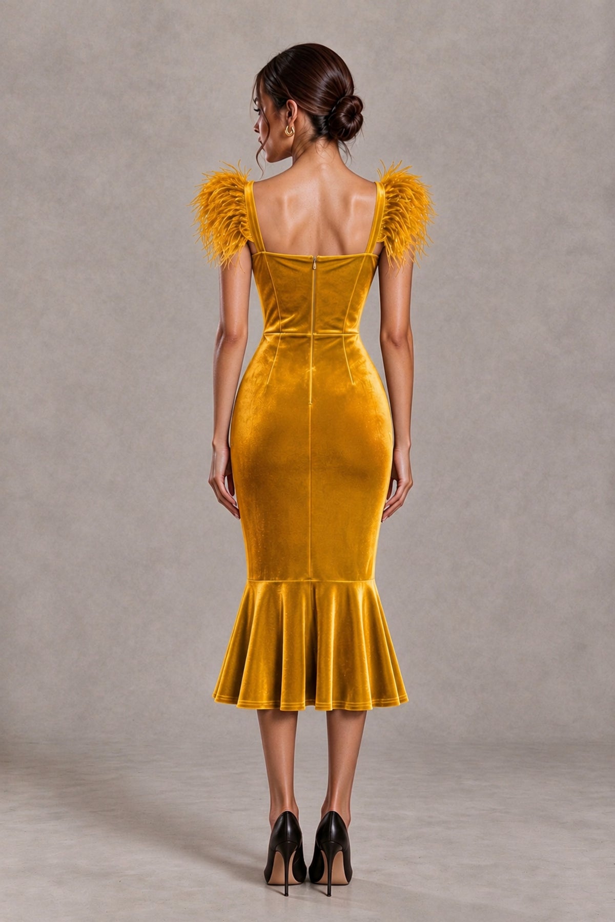 BOLODOO Gold Feather-Trim Velvet-Look Mermaid Midi Dress - Gold - Gold_2