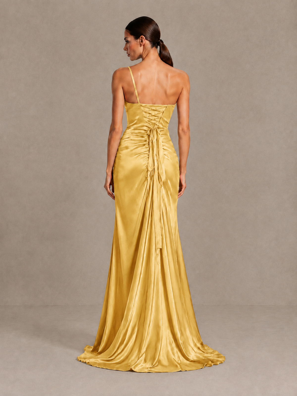 BOLODOO Gold One Shoulder Satin Evening Gown with High Slit and Sweep Train - Gold - Gold_2