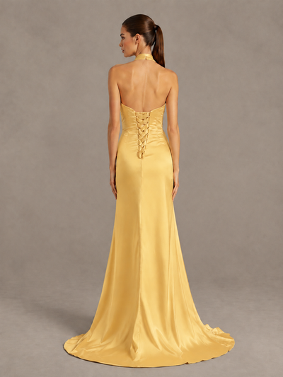 BOLODOO Gold Halter Satin Evening & Prom Dress with High Slit - Gold - Gold_2