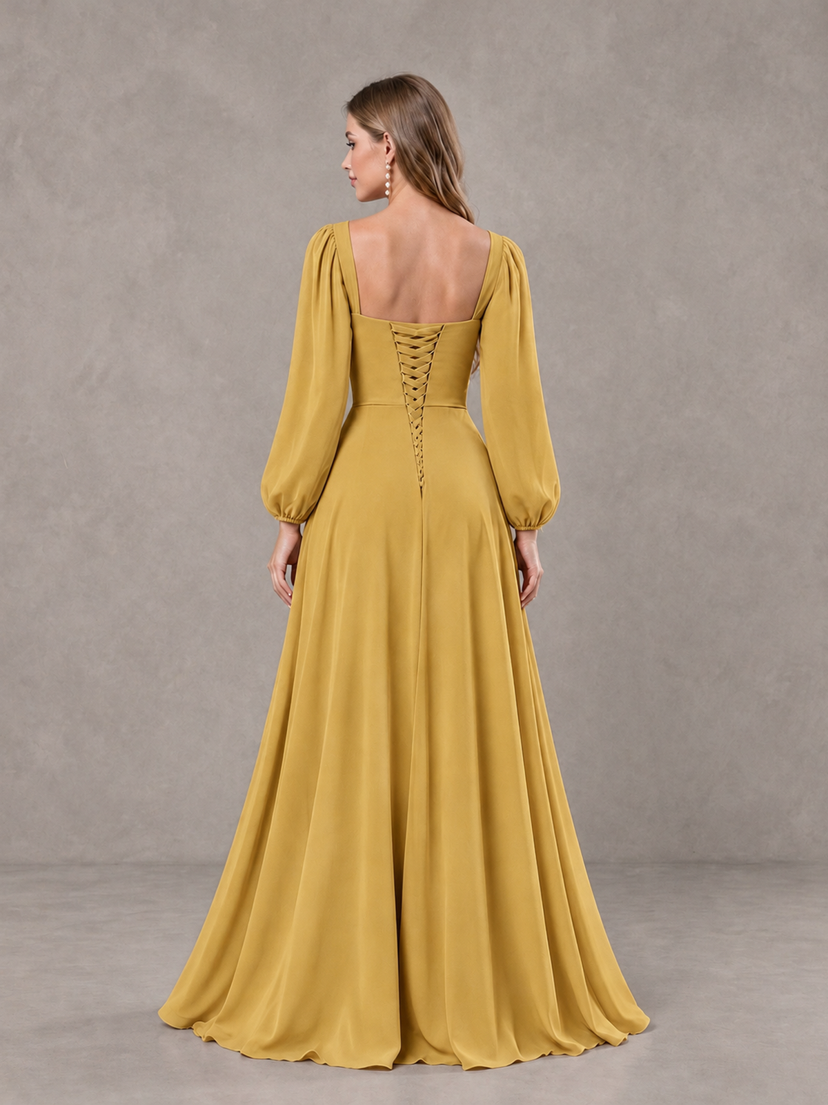 BOLODOO Gold Square Neck Long Sleeve Bridesmaid Dress with Ruffle Slit - Gold - Gold_2