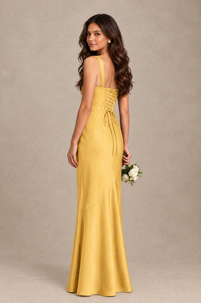 BOLODOO Gold Square Neck Ruched Satin Lace-Up Bridesmaid Dress - Gold - Gold_2
