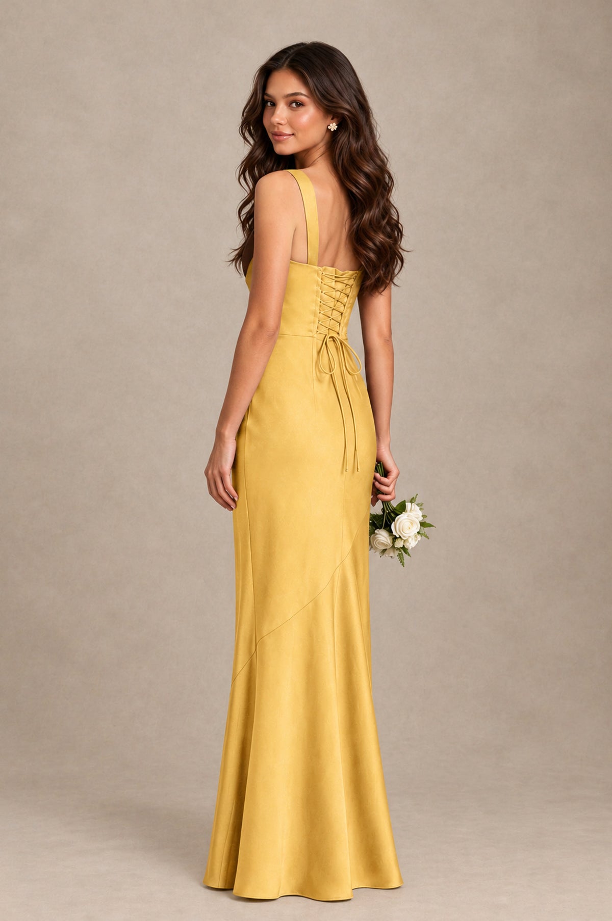 BOLODOO Gold Square Neck Ruched Satin Lace-Up Bridesmaid Dress - Gold - Gold_2
