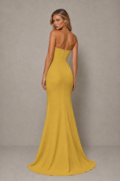 BOLODOO Gold Strapless Sweetheart Ruched Mermaid Gown | Cascade Drape Formal Evening Dress - Gold - Gold_2
