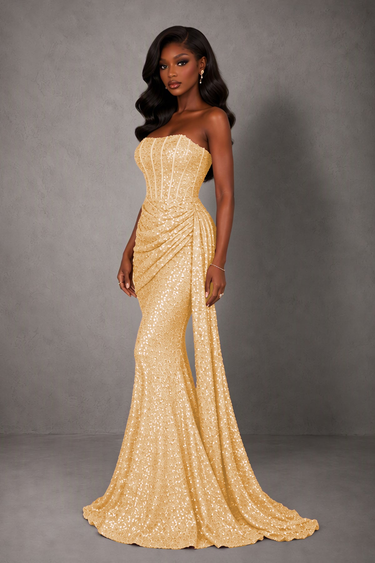 BOLODOO Gold Sequin Strapless Corset Mermaid Evening Gown with Train - Gold