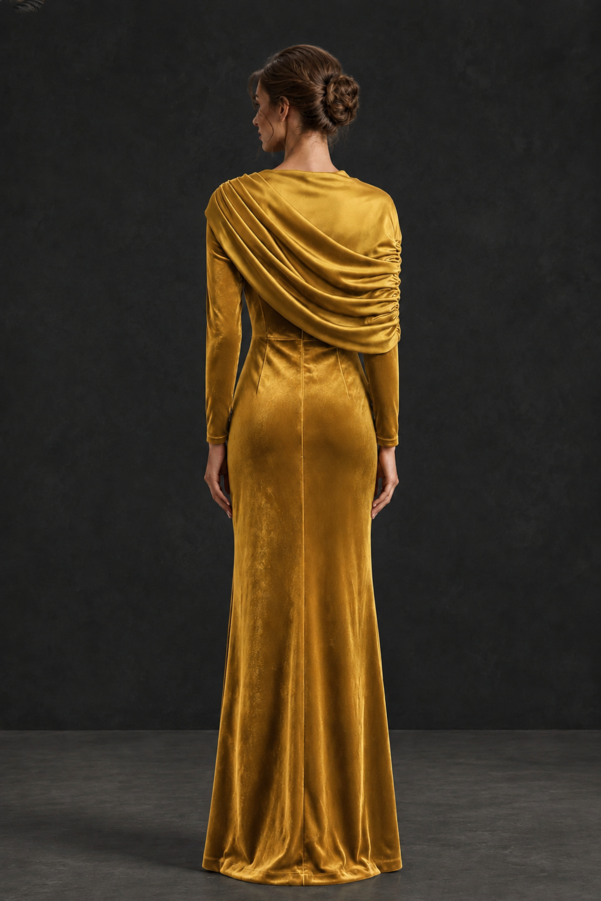BOLODOO Gold Velvet Long Sleeve Draped Mother of the Bride Dress - Gold - Gold_2