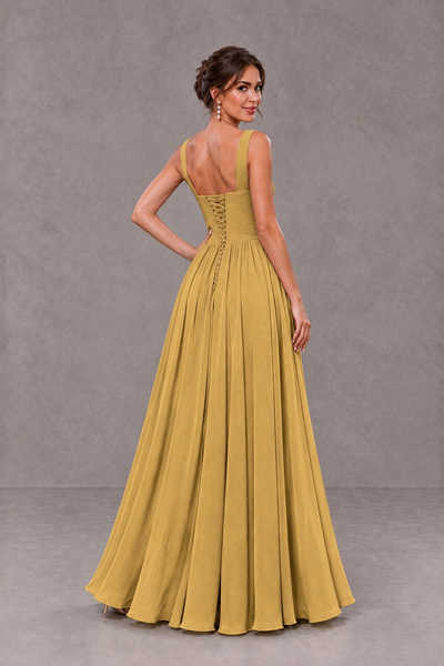 BOLODOO Gold Square Neck A-Line Bridesmaid Dress with Slit - Gold - Gold_2