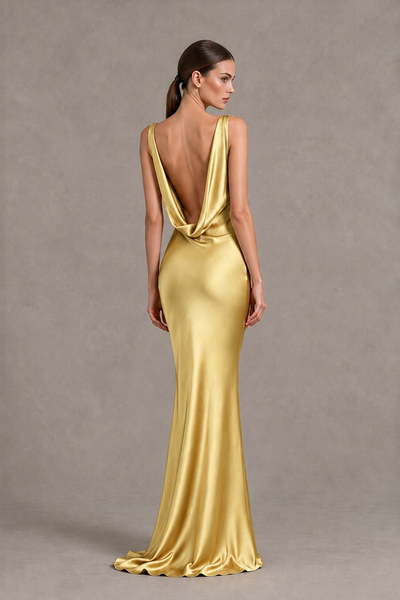 BOLODOO Gold Cowl Neck Backless Satin Mermaid Evening Dress - Gold - Gold_2
