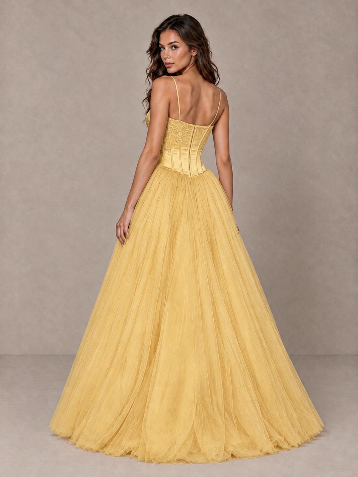BOLODOO Gold Corset Tulle Prom Dress with Spaghetti Straps - Gold - Gold_2