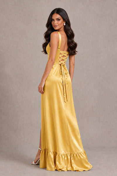 BOLODOO Gold Square Neck Satin Evening Dress with Lace-Up Back and High Slit - Gold - Gold_2
