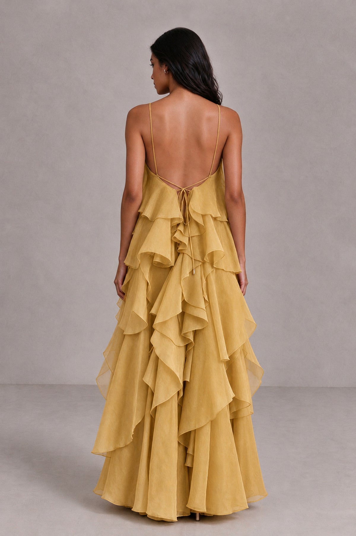 BOLODOO Gold Cascading Ruffle Rosette Open-Back Maxi Dress - Gold - Gold_2
